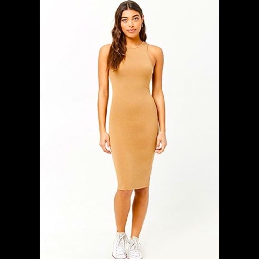 Forever 21 Nude | Tan Bodycon Midi Dress Basic | Capsule Wardrobe | Camel